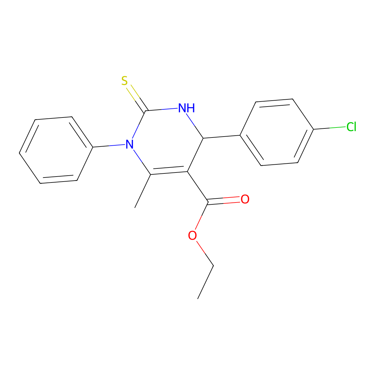 Ethyl 6-(4-chlorophenyl)-4-methyl-3-phenyl-2-sulfanylidene-1,6-dihydropyrimidine-5-carboxylate molecular structure, CAS 307326-44-9