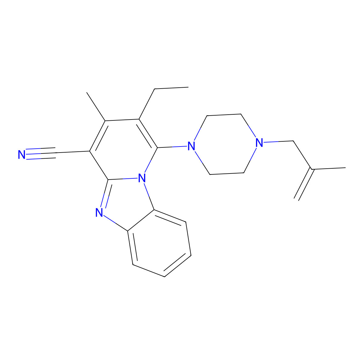 12-Ethyl-11-methyl-13-[4-(2-methylprop-2-en-1-yl)piperazin-1-yl]-1,8-diazatricyclo[7.4.0.0^{2,7}]trideca-2(7),3,5,8,10,12-hexaene-10-carbonitrile molecular structure, CAS 307327-41-9