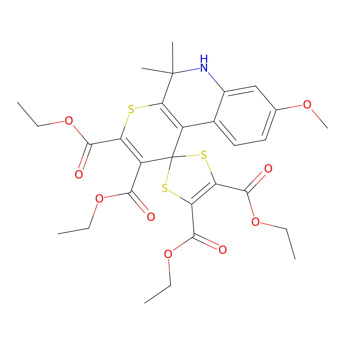 tetraethyl 8'-methoxy-5',5'-dimethylspiro[1,3-dithiole-2,1'-6H-thiopyrano[2,3-c]quinoline]-2',3',4,5-tetracarboxylate molecular structure, CAS 307329-29-9
