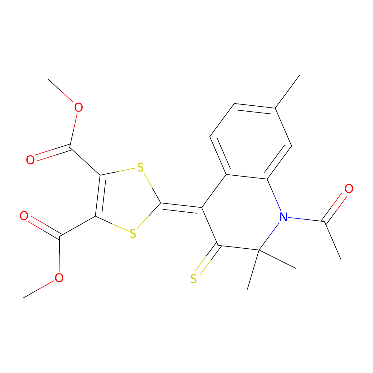 Dimethyl 2-(1-acetyl-2,2,7-trimethyl-3-sulfanylidenequinolin-4-ylidene)-1,3-dithiole-4,5-dicarboxylate molecular structure, CAS 307329-31-3