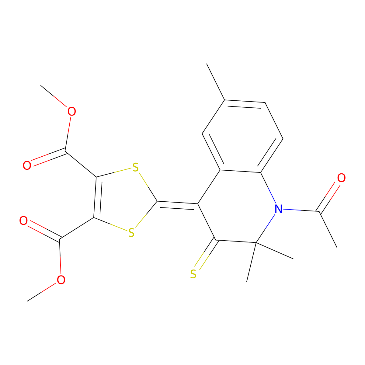 dimethyl 2-(1-acetyl-2,2,6-trimethyl-3-thioxo-2,3-dihydroquinolin-4(1H)-ylidene)-1,3-dithiole-4,5-dicarboxylate molecular structure, CAS 307329-33-5