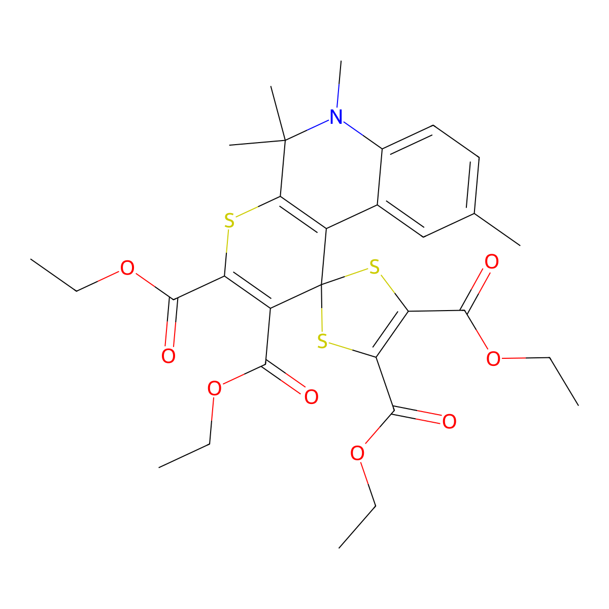 Tetraethyl 5',5',6',9'-tetramethylspiro[1,3-dithiole-2,1'-thiopyrano[2,3-c]quinoline]-2',3',4,5-tetracarboxylate molecular structure, CAS 307329-38-0