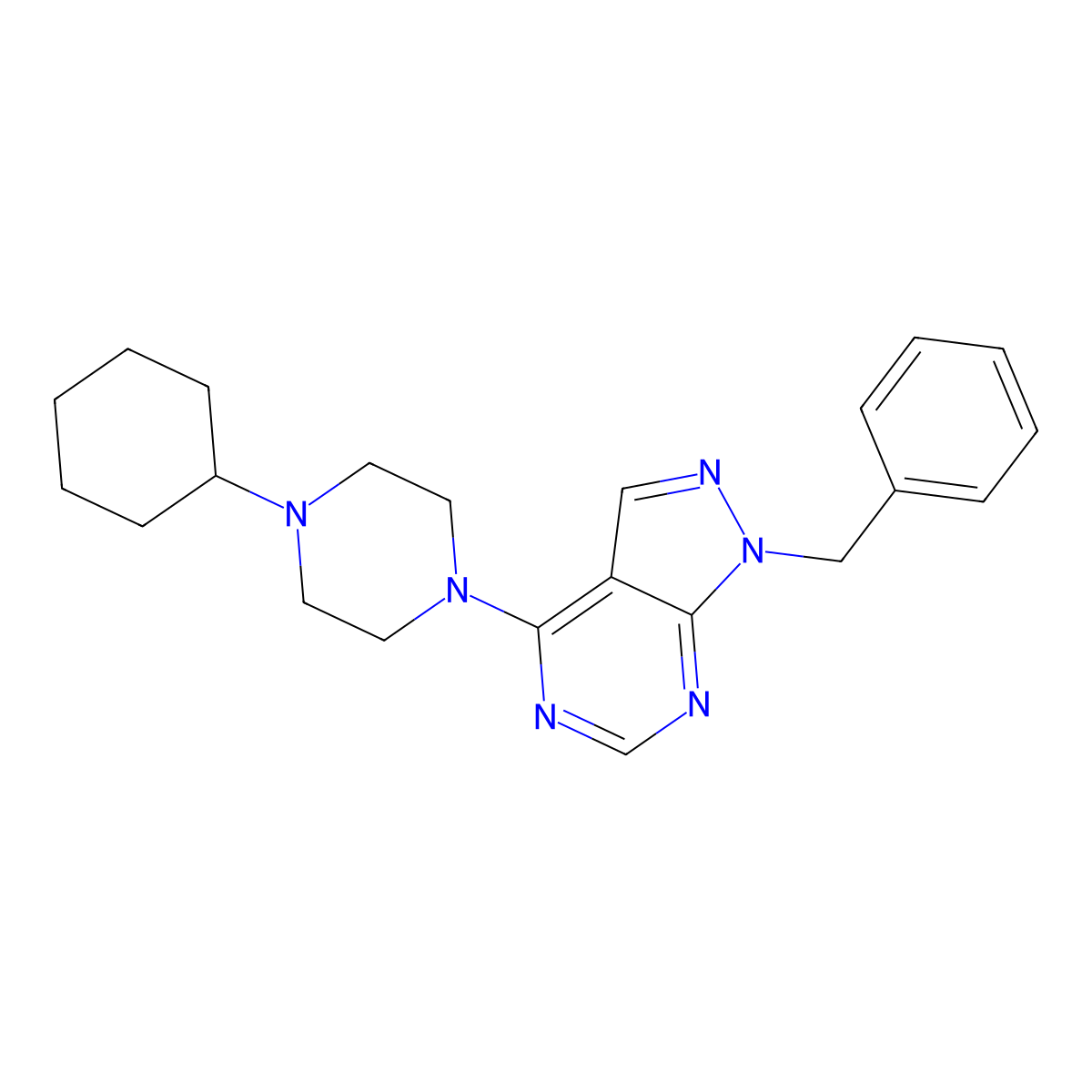 4-(4-Cyclohexylpiperazinyl)-1-benzylpyrazolo[5,4-d]pyrimidine molecular structure, CAS 307331-80-2