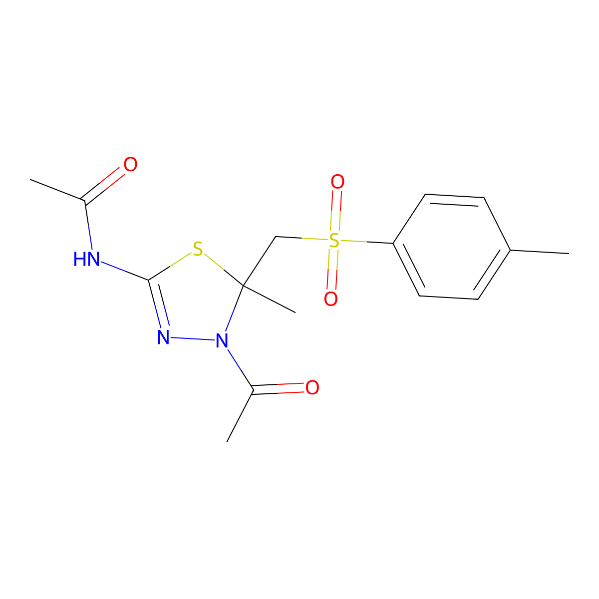 N-(4-acetyl-5-methyl-5-{[(4-methylphenyl)sulfonyl]methyl}-4,5-dihydro-1,3,4-thiadiazol-2-yl)acetamide molecular structure, CAS 307332-28-1