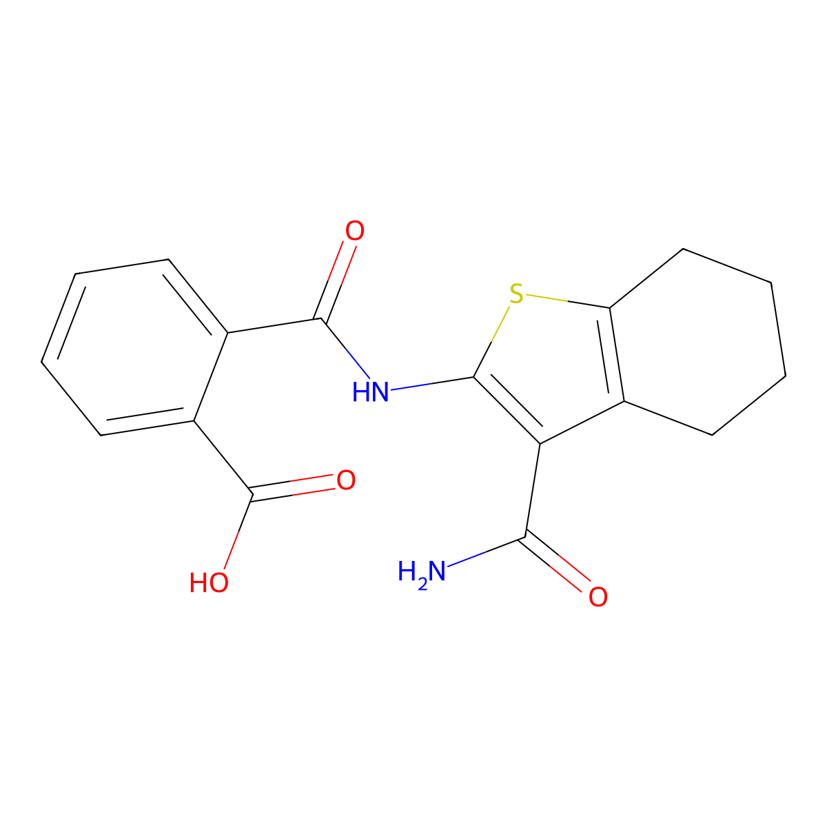 2-({[3-(Aminocarbonyl)-4,5,6,7-tetrahydro-1-benzothien-2-yl]amino}carbonyl)benzoic acid molecular structure, CAS 307339-49-7