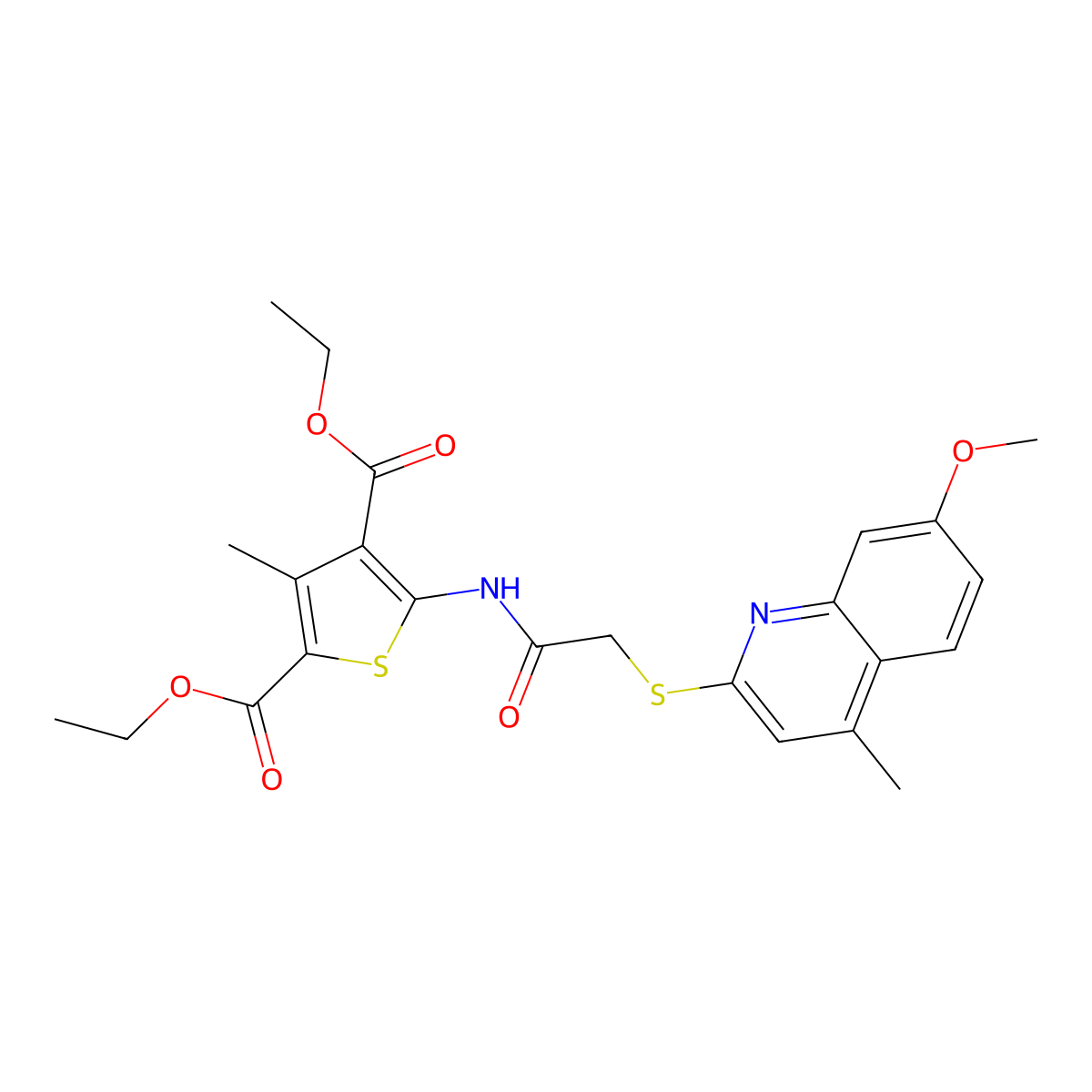 Diethyl 5-[[2-(7-methoxy-4-methylquinolin-2-yl)sulfanylacetyl]amino]-3-methylthiophene-2,4-dicarboxylate molecular structure, CAS 307340-67-6