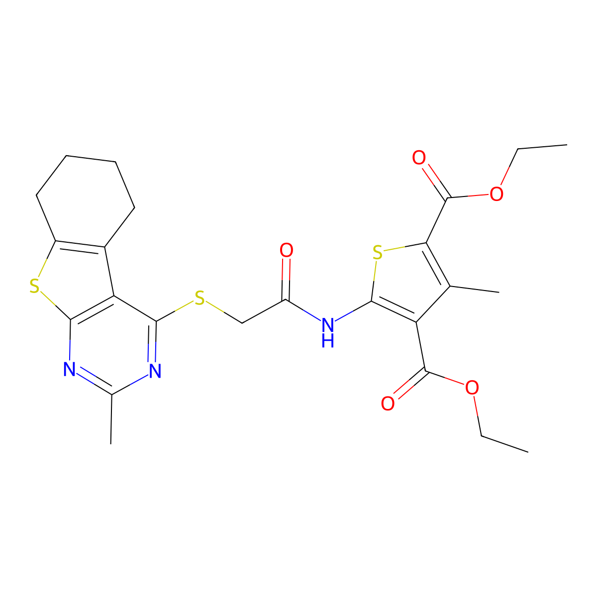 Diethyl 3-methyl-5-[[2-[(2-methyl-5,6,7,8-tetrahydro-[1]benzothiolo[2,3-d]pyrimidin-4-yl)sulfanyl]acetyl]amino]thiophene-2,4-dicarboxylate molecular structure, CAS 307340-98-3