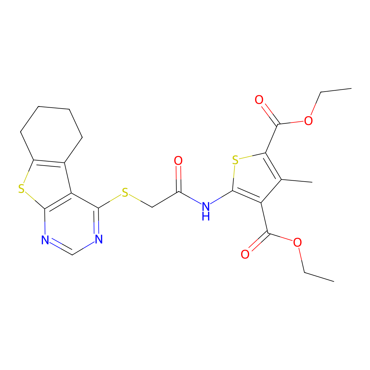 Diethyl 3-methyl-5-[[2-(5,6,7,8-tetrahydro-[1]benzothiolo[2,3-d]pyrimidin-4-ylsulfanyl)acetyl]amino]thiophene-2,4-dicarboxylate molecular structure, CAS 307341-16-8