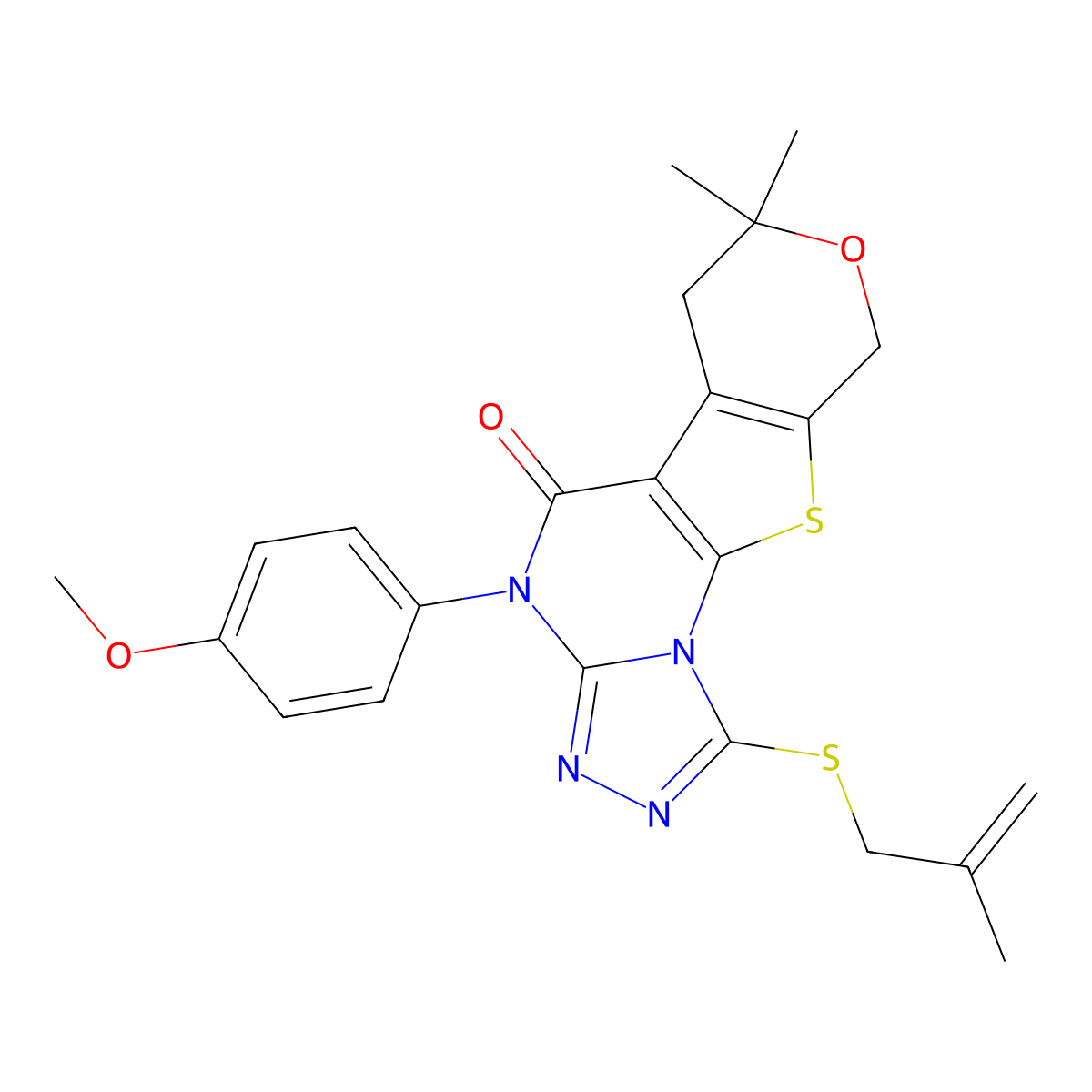4-(4-methoxyphenyl)-7,7-dimethyl-1-((2-methylallyl)thio)-6,7-dihydro-4H-pyrano[4',3':4,5]thieno[3,2-e][1,2,4]triazolo[4,3-a]pyrimidin-5(9H)-one molecular structure, CAS 307344-30-5