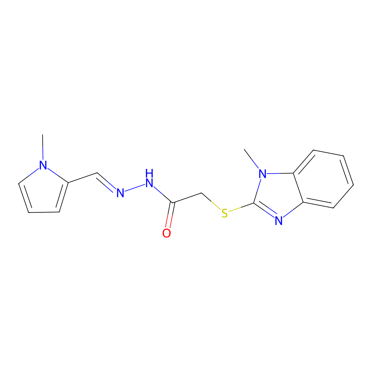 2-(1-methylbenzimidazol-2-yl)sulfanyl-N-[(1-methylpyrrol-2-yl)methylideneamino]acetamide molecular structure, CAS 307346-71-0