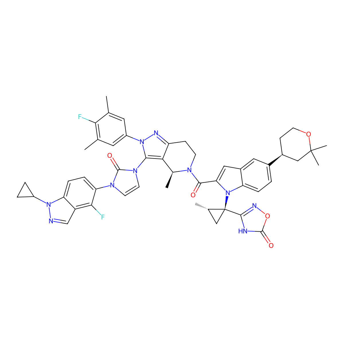 3-((1S,2S)-1-(2-((S)-3-(3-(1-cyclopropyl-4-fluoro-1H-indazol-5-yl)-2-oxo-2,3-dihydro-1H-imidazol-1-yl)-2-(4-fluoro-3,5-dimethylphenyl)-4-methyl-4,5,6,7-tetrahydro-2H-pyrazolo[4,3-c]pyridine-5-carbonyl)-5-((S)-2,2-dimethyltetrahydro-2H-pyran-4-yl)-1H-indol-1-yl)-2-methylcyclopropyl)-1,2,4-oxadiazol-5(4H)-one molecular structure, CAS 3074089-99-6