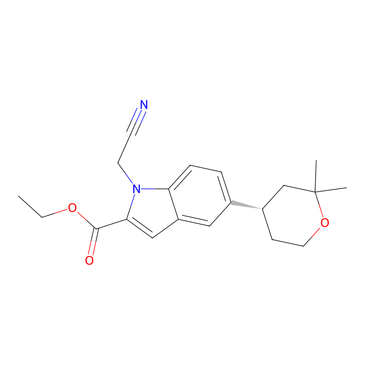 Ethyl (S)-1-(Cyanomethyl)-5-(2,2-dimethyltetrahydro-2H-pyran-4-yl)-1H-indole-2-carboxylate molecular structure, CAS 3074099-82-1