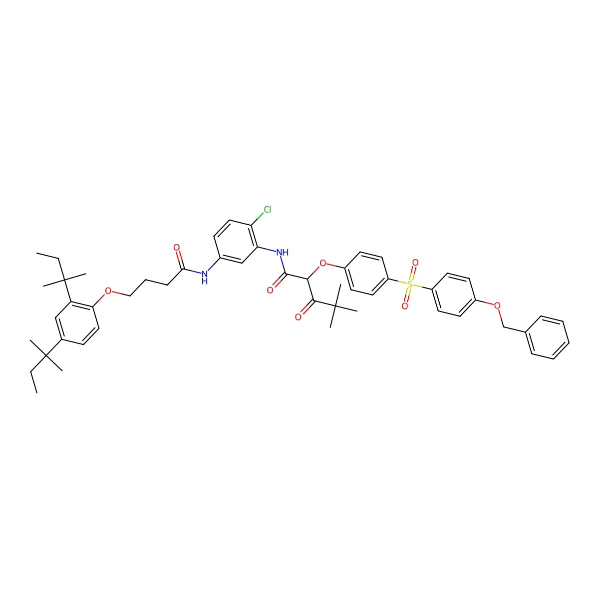 Pentanamide, N-[5-[[4-[2,4-bis(1,1-dimethylpropyl)phenoxy]-1-oxobutyl]amino]-2-chlorophenyl]-4,4-dimethyl-3-oxo-2-[4-[[4-(phenylmethoxy)phenyl]sulfonyl]phenoxy]- molecular structure, CAS 30744-85-5