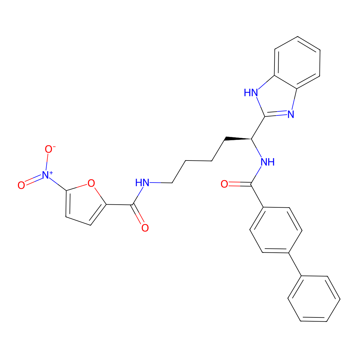 N-[(5S)-5-(1H-benzimidazol-2-yl)-5-[(4-phenylbenzoyl)amino]pentyl]-5-nitrofuran-2-carboxamide molecular structure, CAS 3074622-05-9