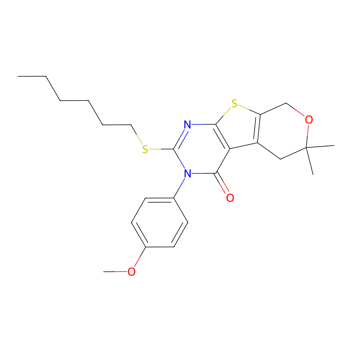 2-(hexylsulfanyl)-3-(4-methoxyphenyl)-6,6-dimethyl-3,5,6,8-tetrahydro-4H-pyrano[4',3':4,5]thieno[2,3-d]pyrimidin-4-one molecular structure, CAS 307495-45-0