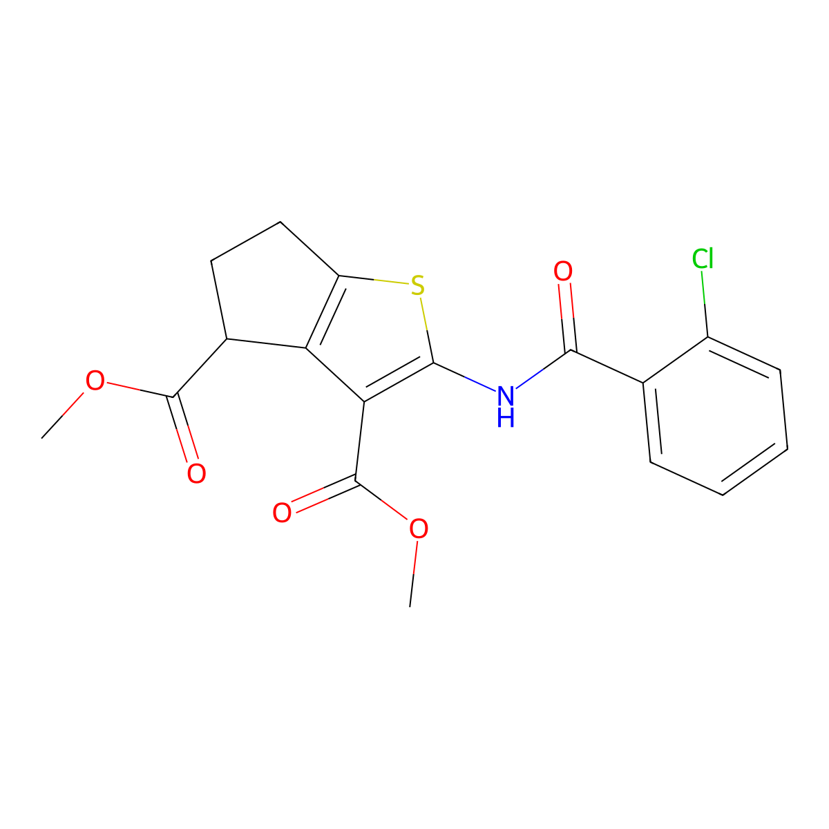 dimethyl 2-[(2-chlorobenzoyl)amino]-5,6-dihydro-4H-cyclopenta[b]thiophene-3,4-dicarboxylate molecular structure, CAS 307506-26-9