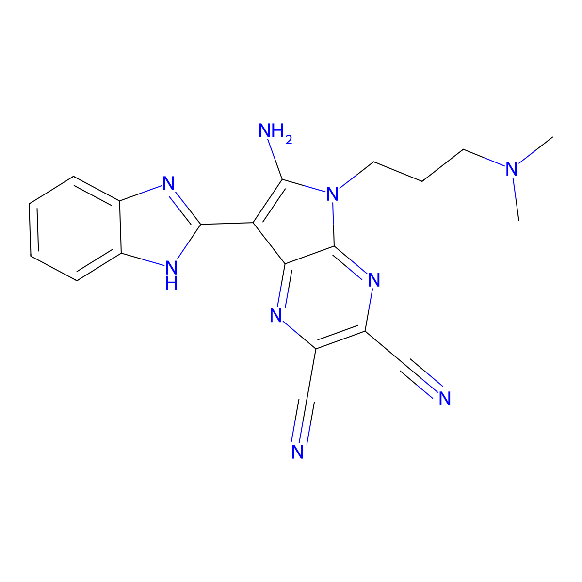 6-amino-7-(1H-benzimidazol-2-yl)-5-[3-(dimethylamino)propyl]pyrrolo[2,3-b]pyrazine-2,3-dicarbonitrile molecular structure, CAS 307507-78-4