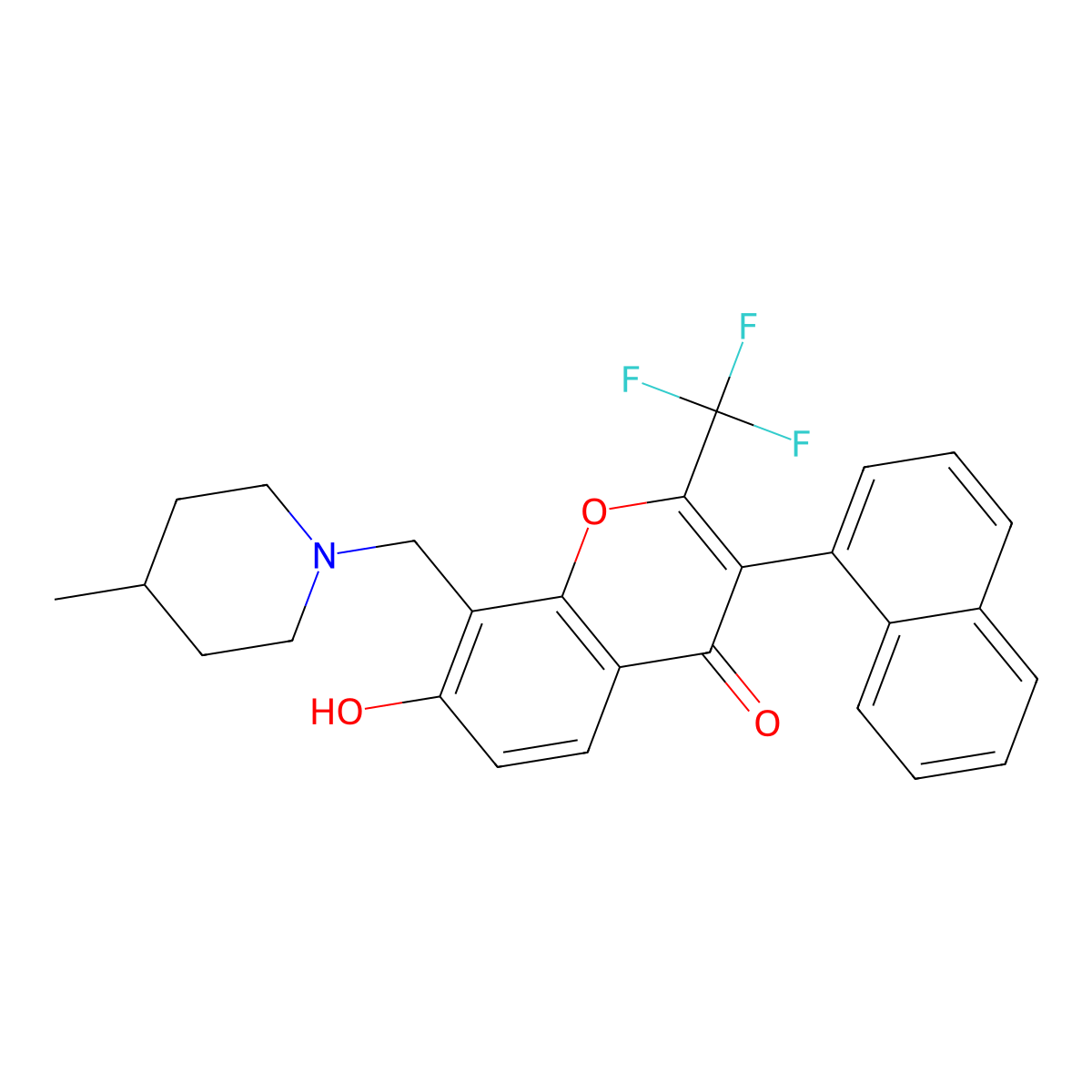 7-hydroxy-8-((4-methylpiperidin-1-yl)methyl)-3-(naphthalen-1-yl)-2-(trifluoromethyl)-4H-chromen-4-one molecular structure, CAS 307507-85-3