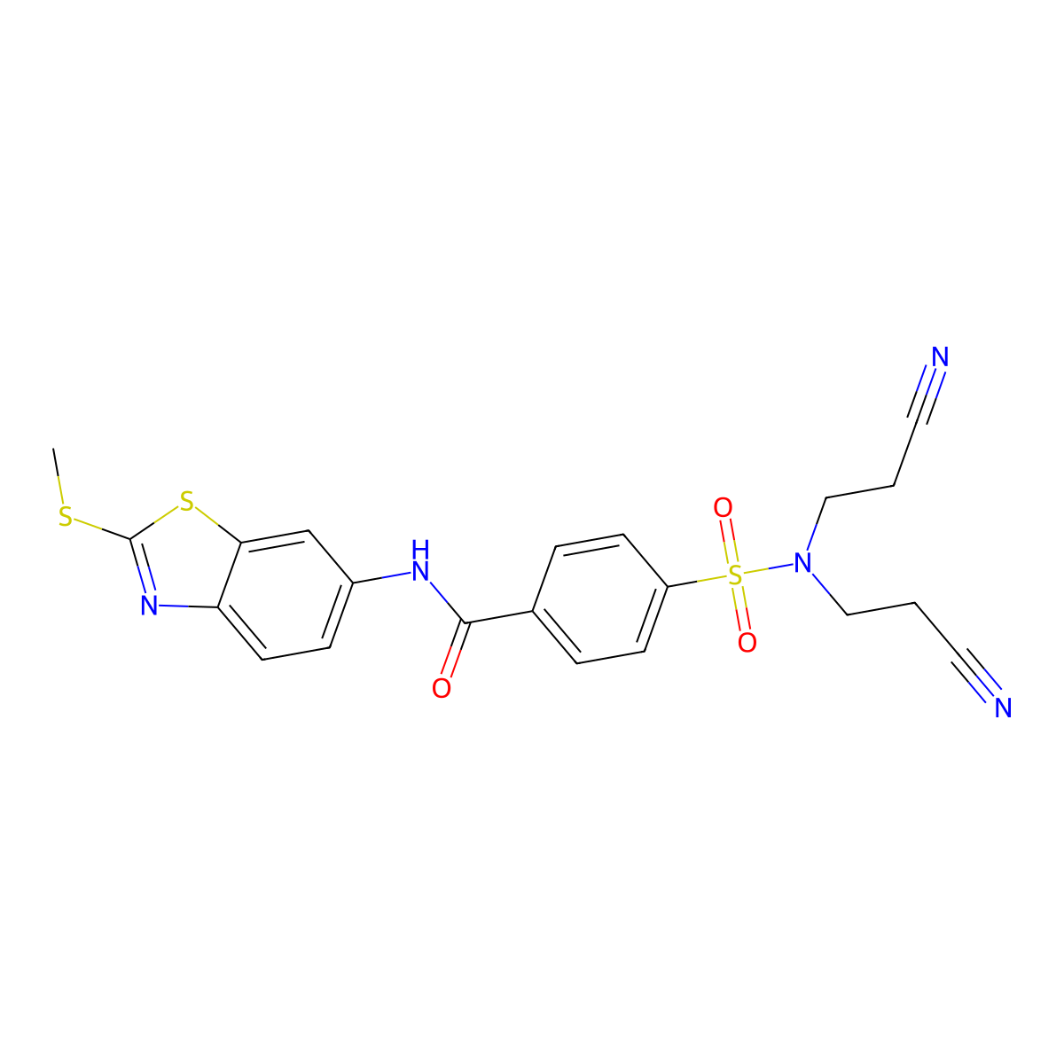4-(N,N-bis(2-cyanoethyl)sulfamoyl)-N-(2-(methylthio)benzo[d]thiazol-6-yl)benzamide molecular structure, CAS 307510-83-4