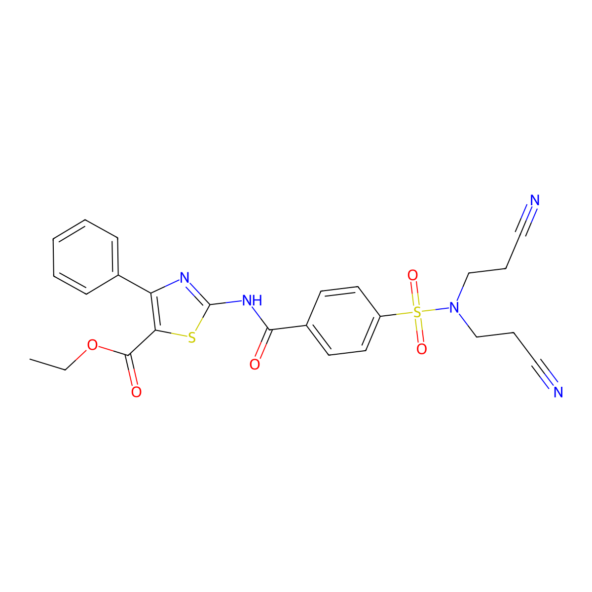 ethyl 2-(4-(N,N-bis(2-cyanoethyl)sulfamoyl)benzamido)-4-phenylthiazole-5-carboxylate molecular structure, CAS 307510-84-5