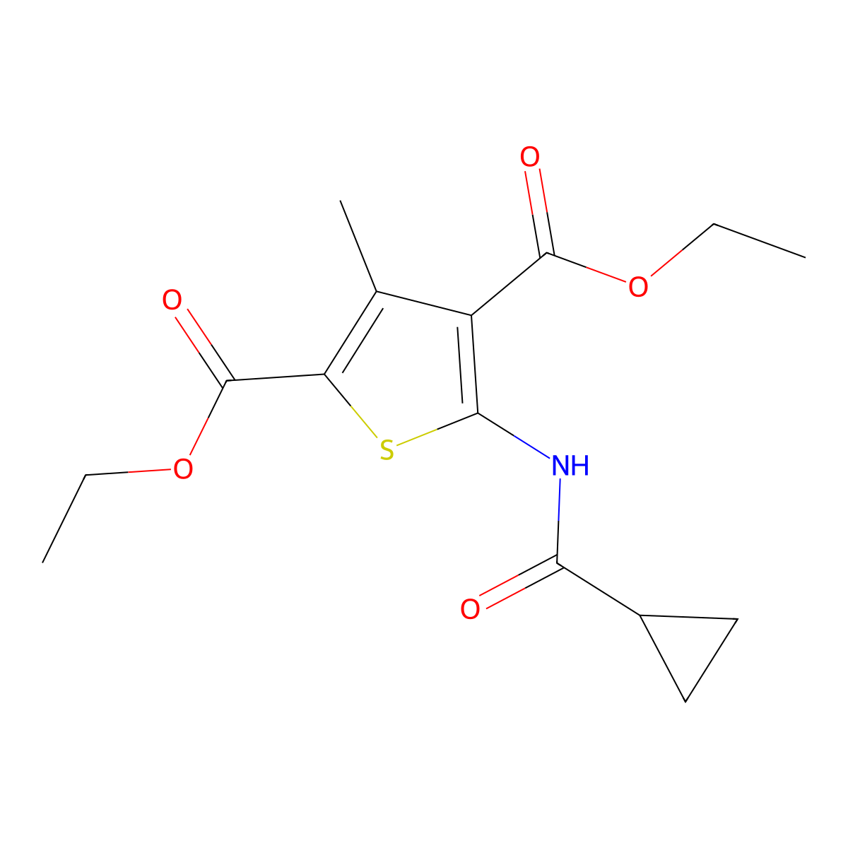 Diethyl 5-[(cyclopropylcarbonyl)amino]-3-methylthiophene-2,4-dicarboxylate molecular structure, CAS 307511-26-8