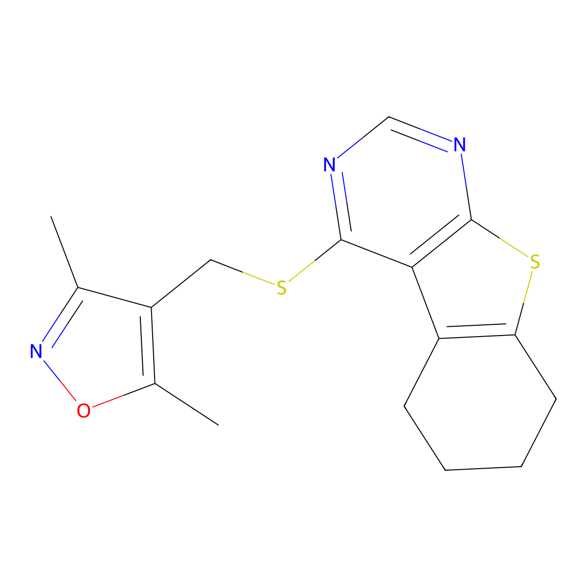 3,5-Dimethyl-4-(((5,6,7,8-tetrahydrobenzo[4,5]thieno[2,3-d]pyrimidin-4-yl)thio)methyl)isoxazole molecular structure, CAS 307511-47-3