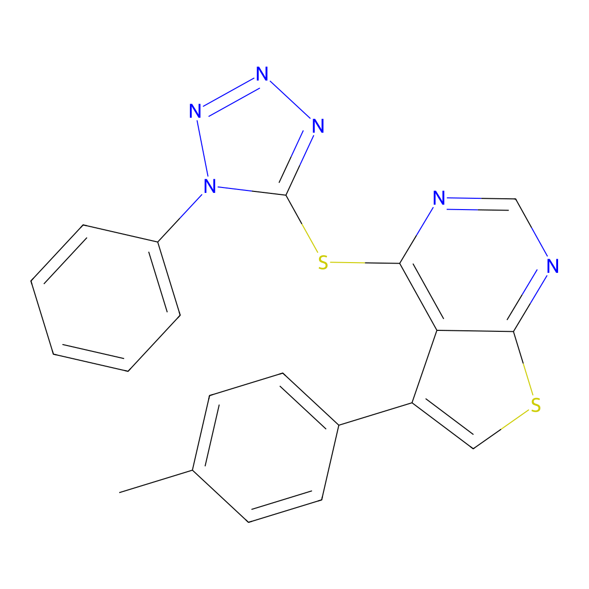 5-(4-methylphenyl)-4-[(1-phenyl-1H-tetraazol-5-yl)sulfanyl]thieno[2,3-d]pyrimidine molecular structure, CAS 307511-91-7