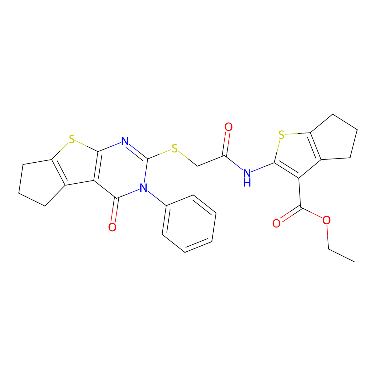 ethyl 2-({[(4-oxo-3-phenyl-3,5,6,7-tetrahydro-4H-cyclopenta[4,5]thieno[2,3-d]pyrimidin-2-yl)thio]acetyl}amino)-5,6-dihydro-4H-cyclopenta[b]thiophene-3-carboxylate molecular structure, CAS 307512-04-5