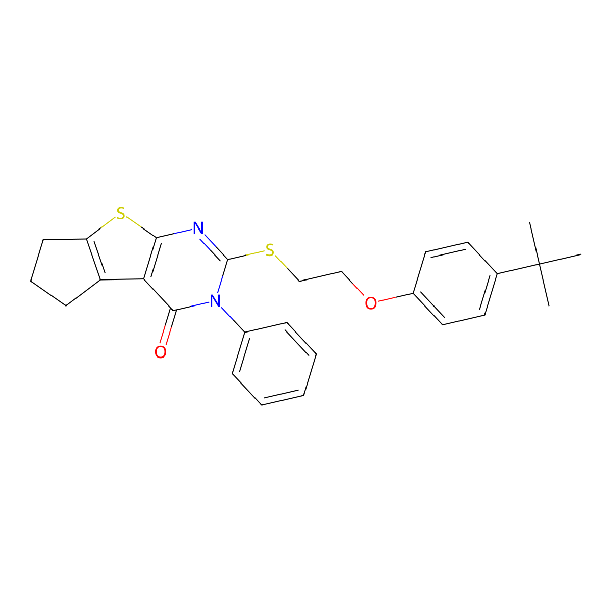 2-((2-(4-(tert-butyl)phenoxy)ethyl)thio)-3-phenyl-6,7-dihydro-3H-cyclopenta[4,5]thieno[2,3-d]pyrimidin-4(5H)-one molecular structure, CAS 307512-14-7