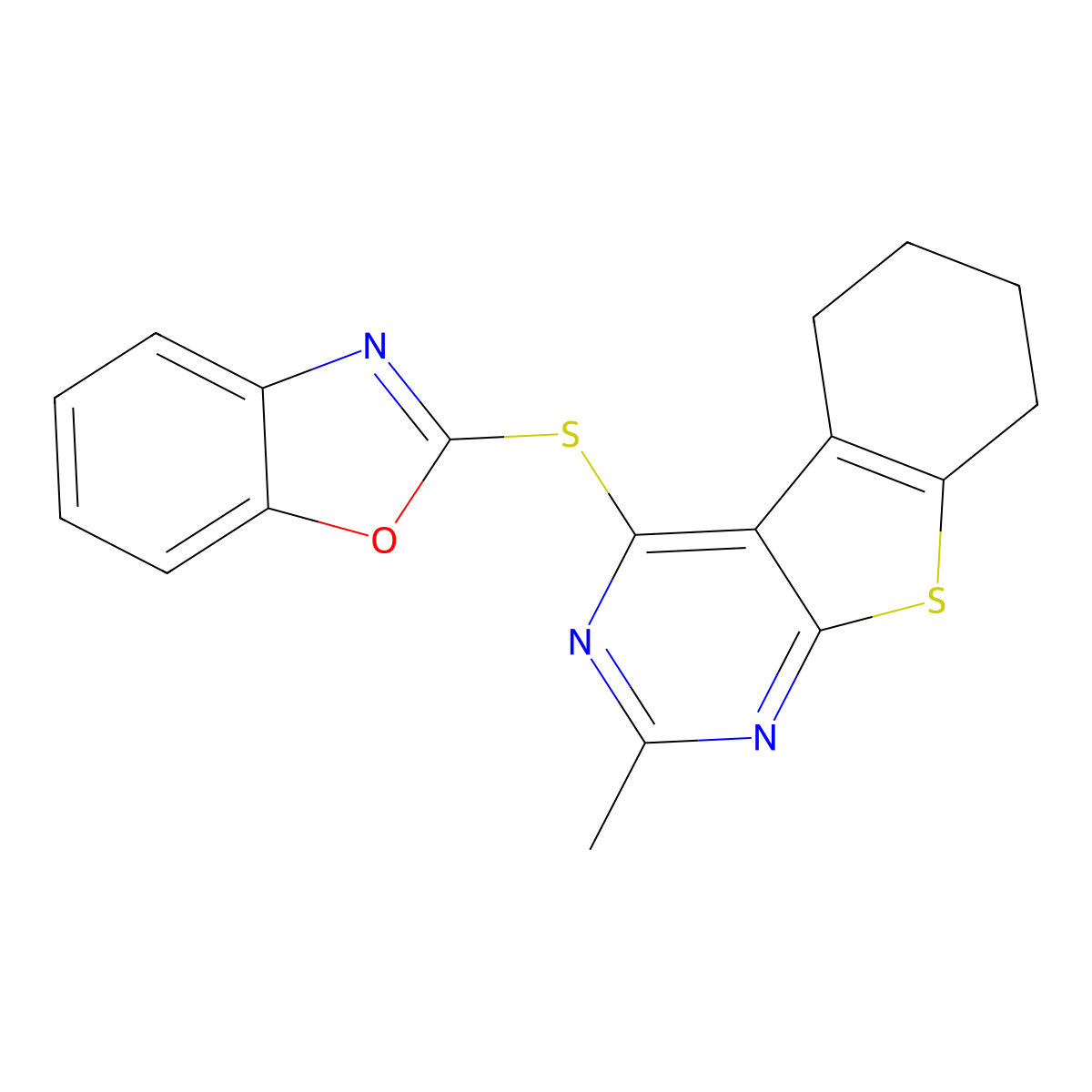 2-[(2-Methyl-5,6,7,8-tetrahydro-[1]benzothiolo[2,3-d]pyrimidin-4-yl)sulfanyl]-1,3-benzoxazole molecular structure, CAS 307512-17-0