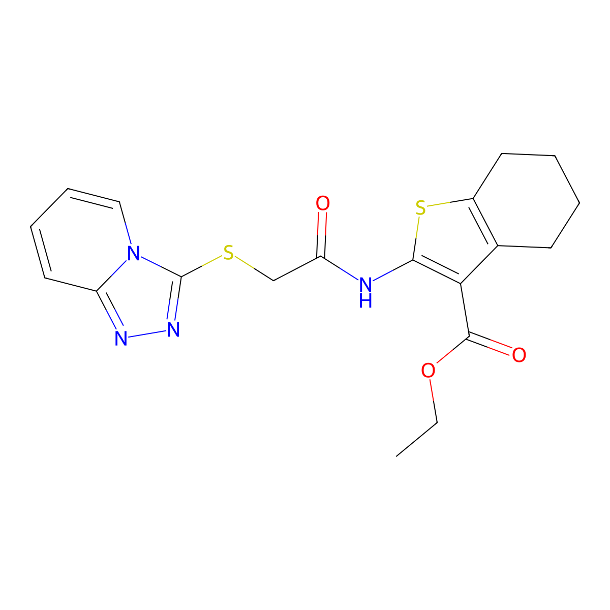 Ethyl 2-(2-([1,2,4]triazolo[4,3-a]pyridin-3-ylthio)acetamido)-4,5,6,7-tetrahydrobenzo[b]thiophene-3-carboxylate molecular structure, CAS 307512-37-4