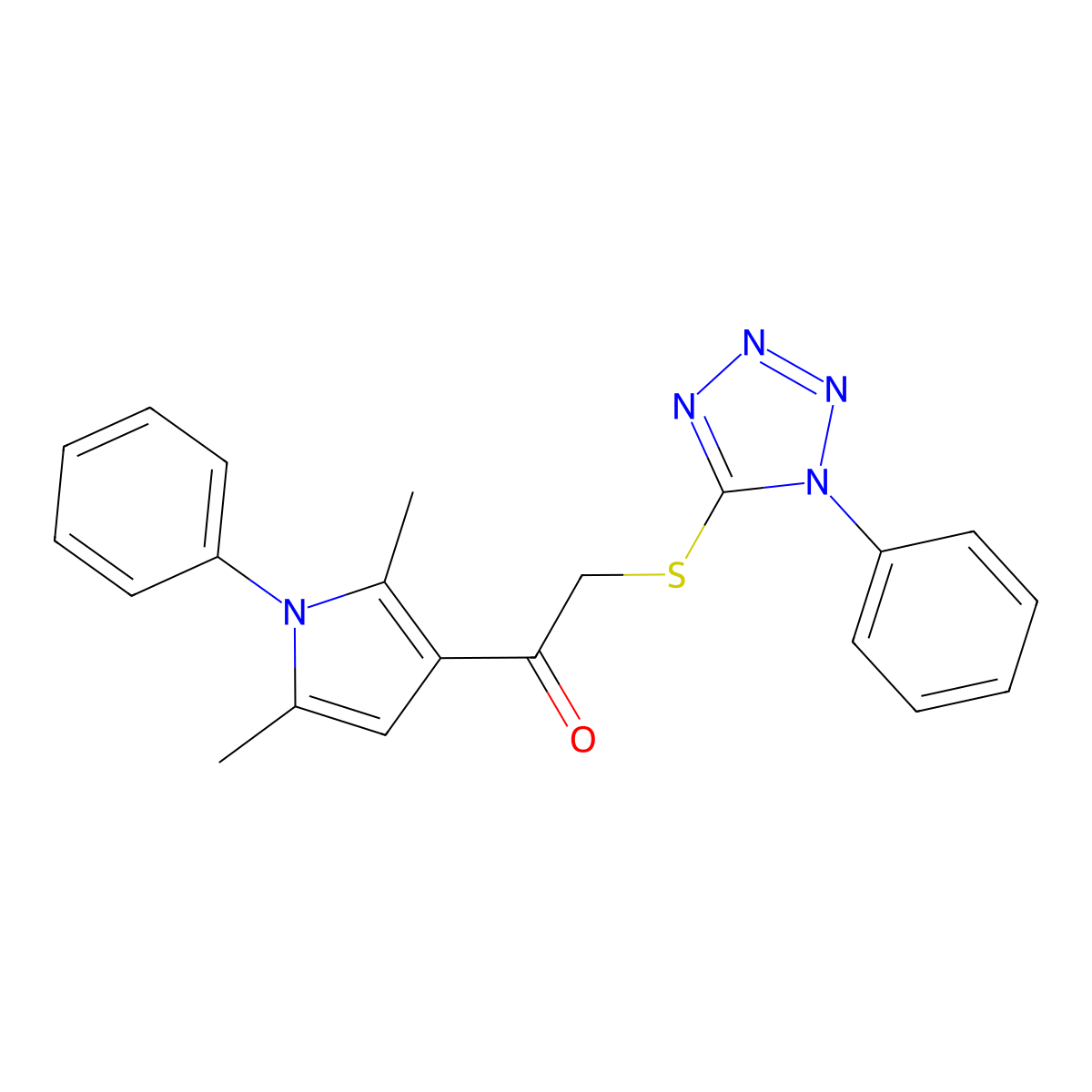 1-(2,5-dimethyl-1-phenyl-1H-pyrrol-3-yl)-2-[(1-phenyl-1H-1,2,3,4-tetrazol-5-yl)sulfanyl]ethan-1-one molecular structure, CAS 307512-50-1