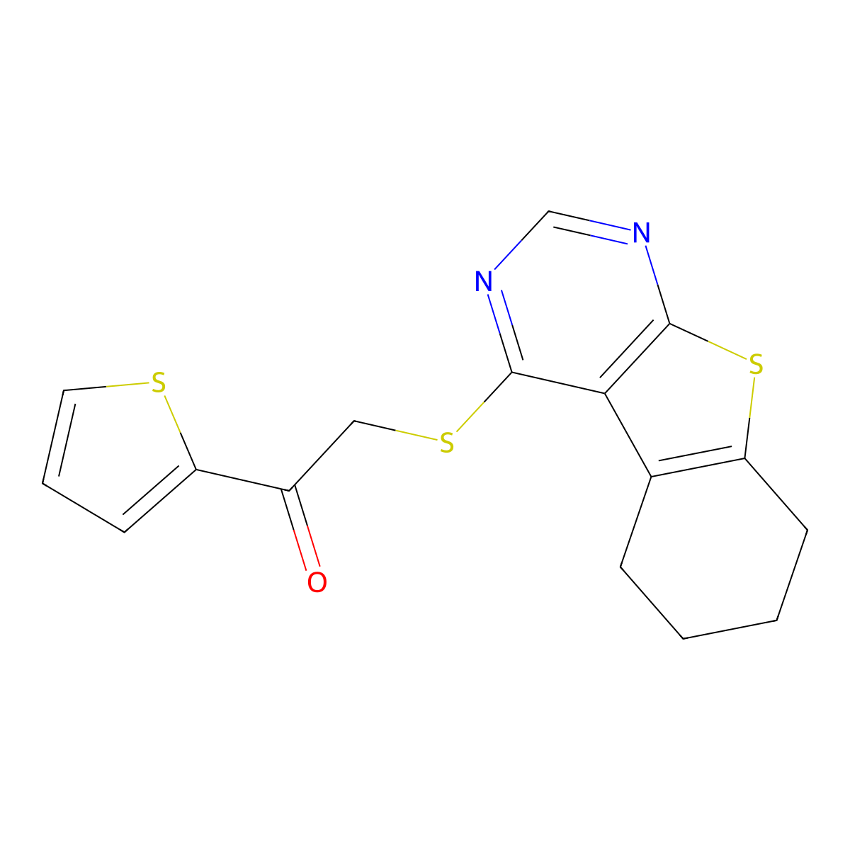 2-(5,6,7,8-Tetrahydro[1]benzothieno[2,3-d]pyrimidin-4-ylsulfanyl)-1-(thiophen-2-yl)ethanone molecular structure, CAS 307512-78-3
