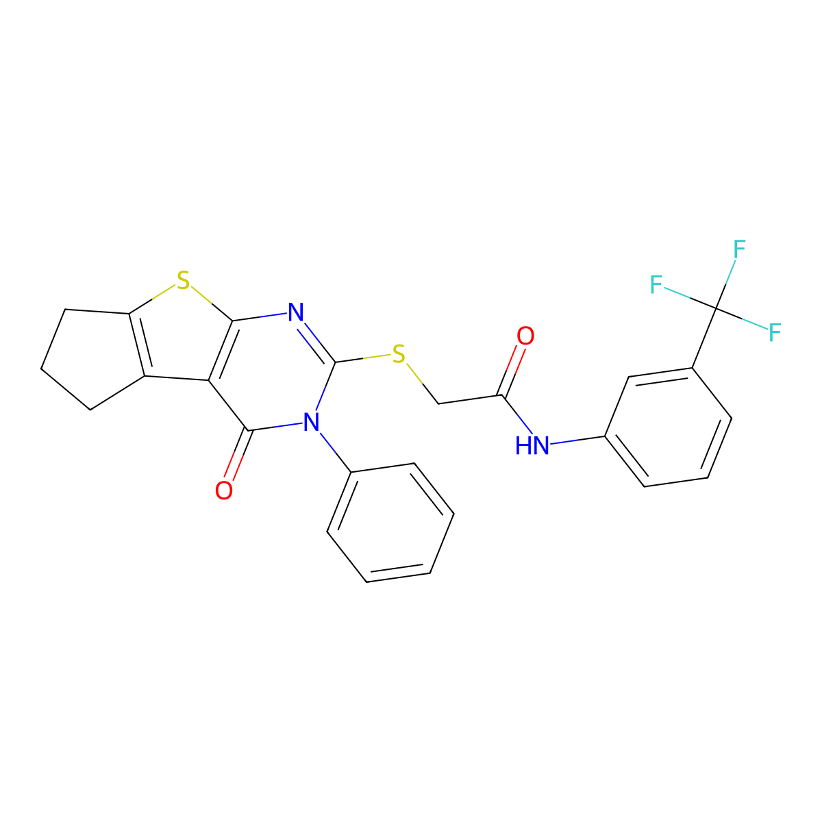 2-[(4-oxo-3-phenyl-3,5,6,7-tetrahydro-4H-cyclopenta[4,5]thieno[2,3-d]pyrimidin-2-yl)sulfanyl]-N-[3-(trifluoromethyl)phenyl]acetamide molecular structure, CAS 307513-25-3