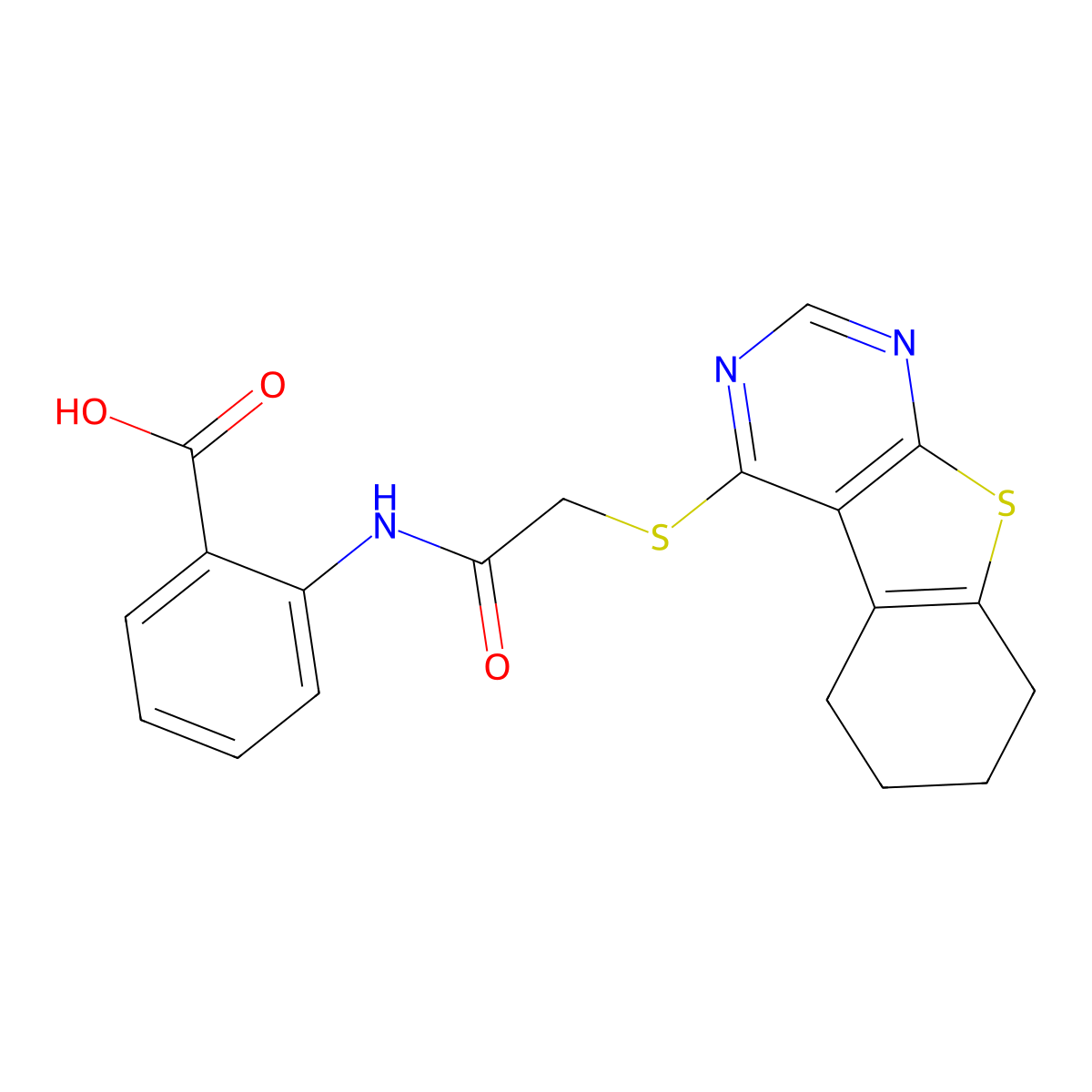 2-(2-{8-Thia-4,6-diazatricyclo[7.4.0.0,2,7]trideca-1(9),2,4,6-tetraen-3-ylsulfanyl}acetamido)benzoic acid molecular structure, CAS 307513-55-9