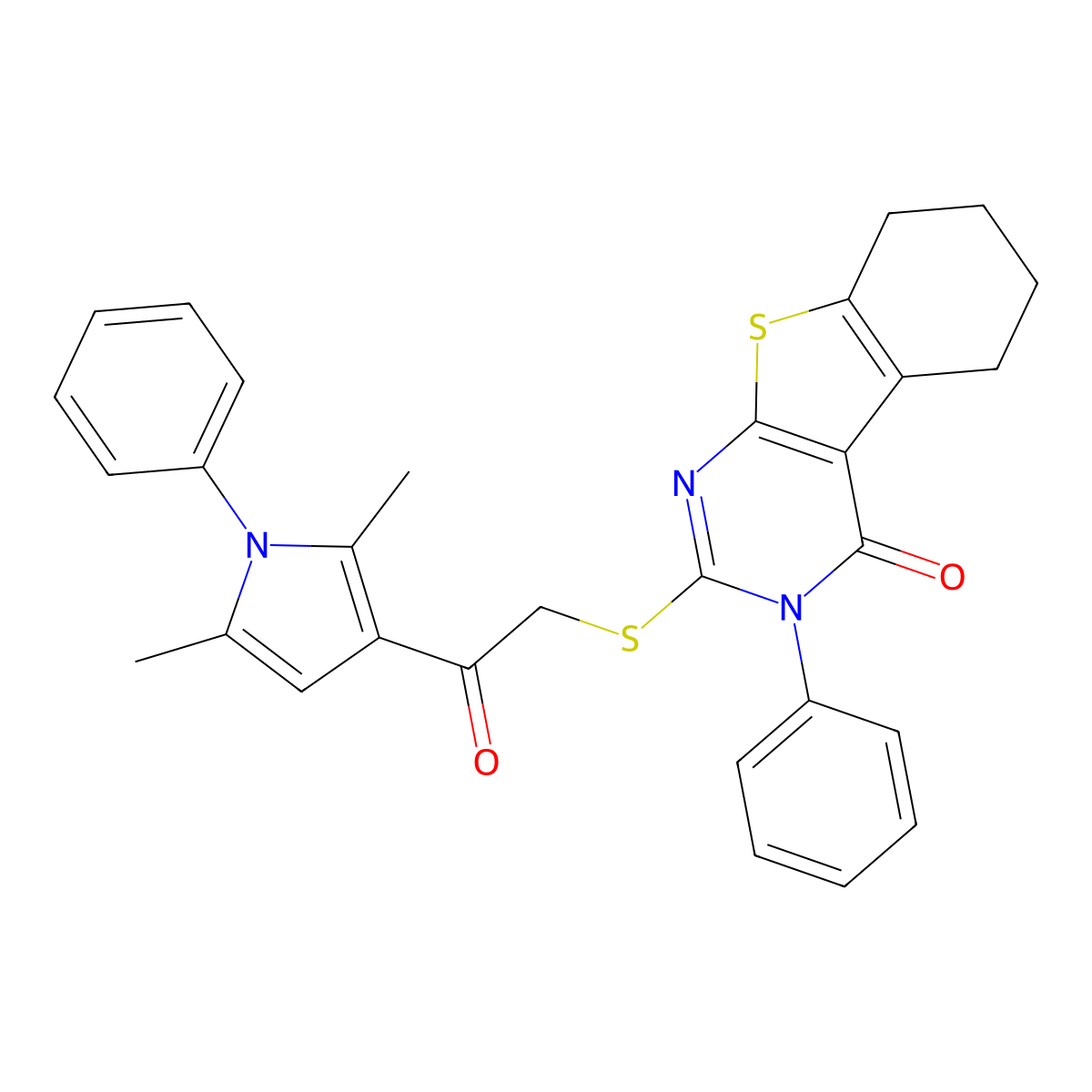 2-[2-(2,5-Dimethyl-1-phenylpyrrol-3-yl)-2-oxoethyl]sulfanyl-3-phenyl-5,6,7,8-tetrahydro-[1]benzothiolo[2,3-d]pyrimidin-4-one molecular structure, CAS 307513-58-2