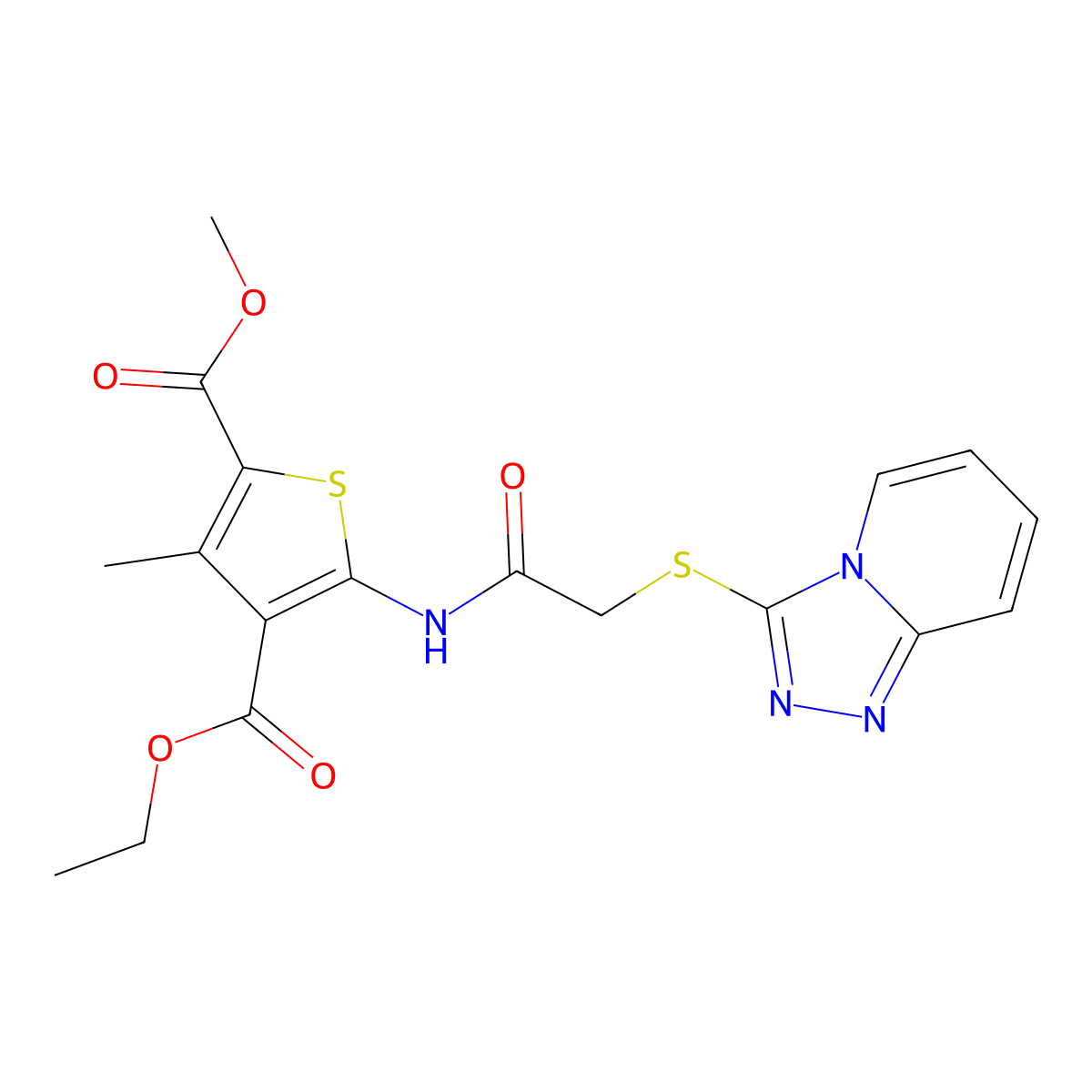 4-O-ethyl 2-O-methyl 3-methyl-5-[[2-([1,2,4]triazolo[4,3-a]pyridin-3-ylsulfanyl)acetyl]amino]thiophene-2,4-dicarboxylate molecular structure, CAS 307513-75-3