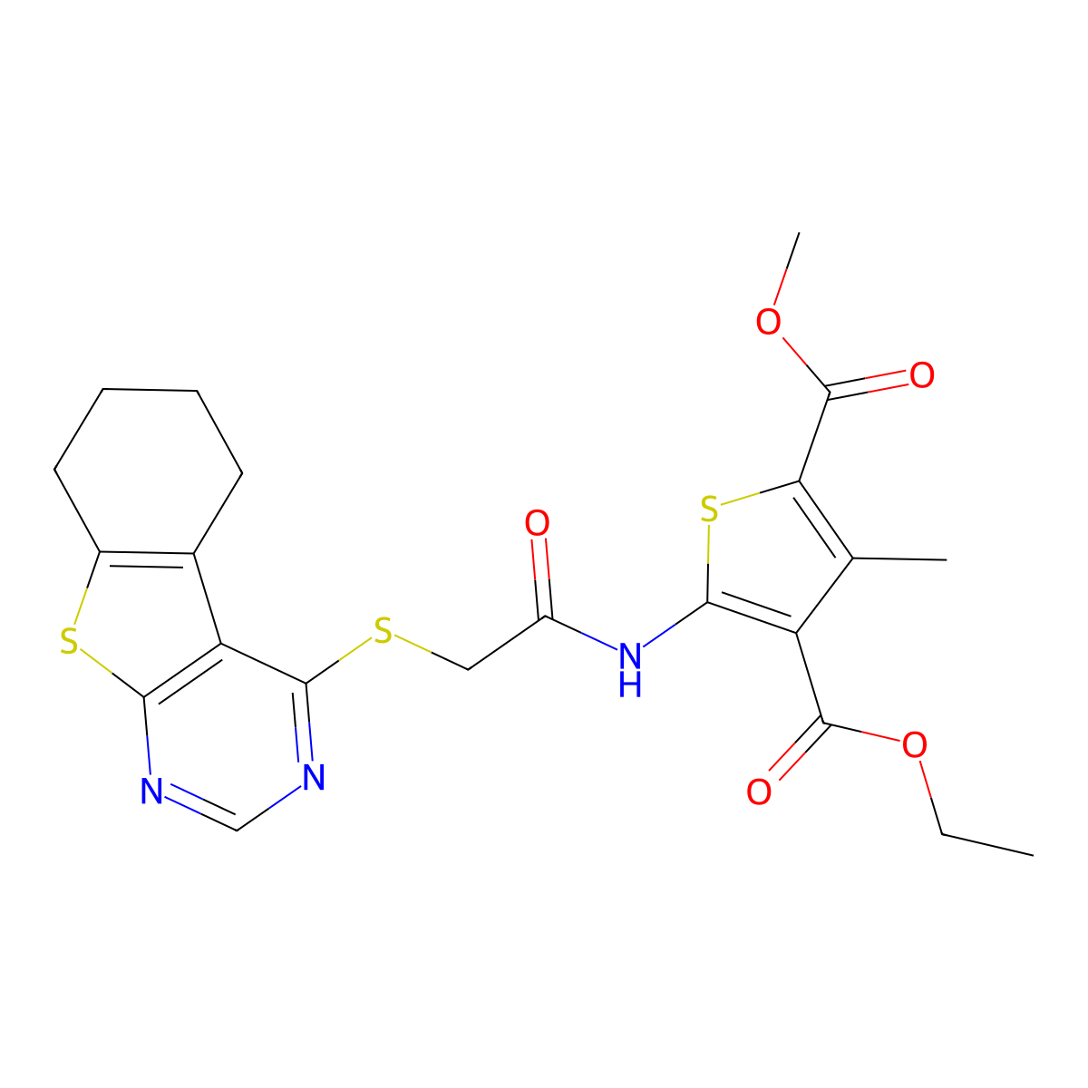 4-O-ethyl 2-O-methyl 3-methyl-5-[[2-(5,6,7,8-tetrahydro-[1]benzothiolo[2,3-d]pyrimidin-4-ylsulfanyl)acetyl]amino]thiophene-2,4-dicarboxylate molecular structure, CAS 307513-77-5