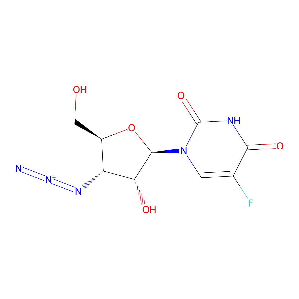 1-[(2R,3R,4S,5S)-4-azido-3-hydroxy-5-(hydroxymethyl)oxolan-2-yl]-5-fluoropyrimidine-2,4-dione molecular structure, CAS 307520-05-4