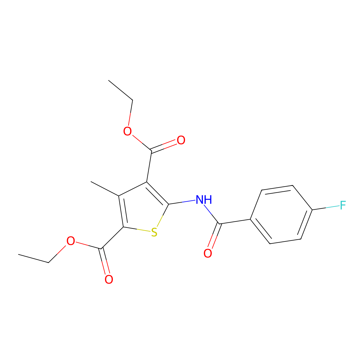 Diethyl 5-(4-fluorobenzamido)-3-methylthiophene-2,4-dicarboxylate molecular structure, CAS 307524-38-5