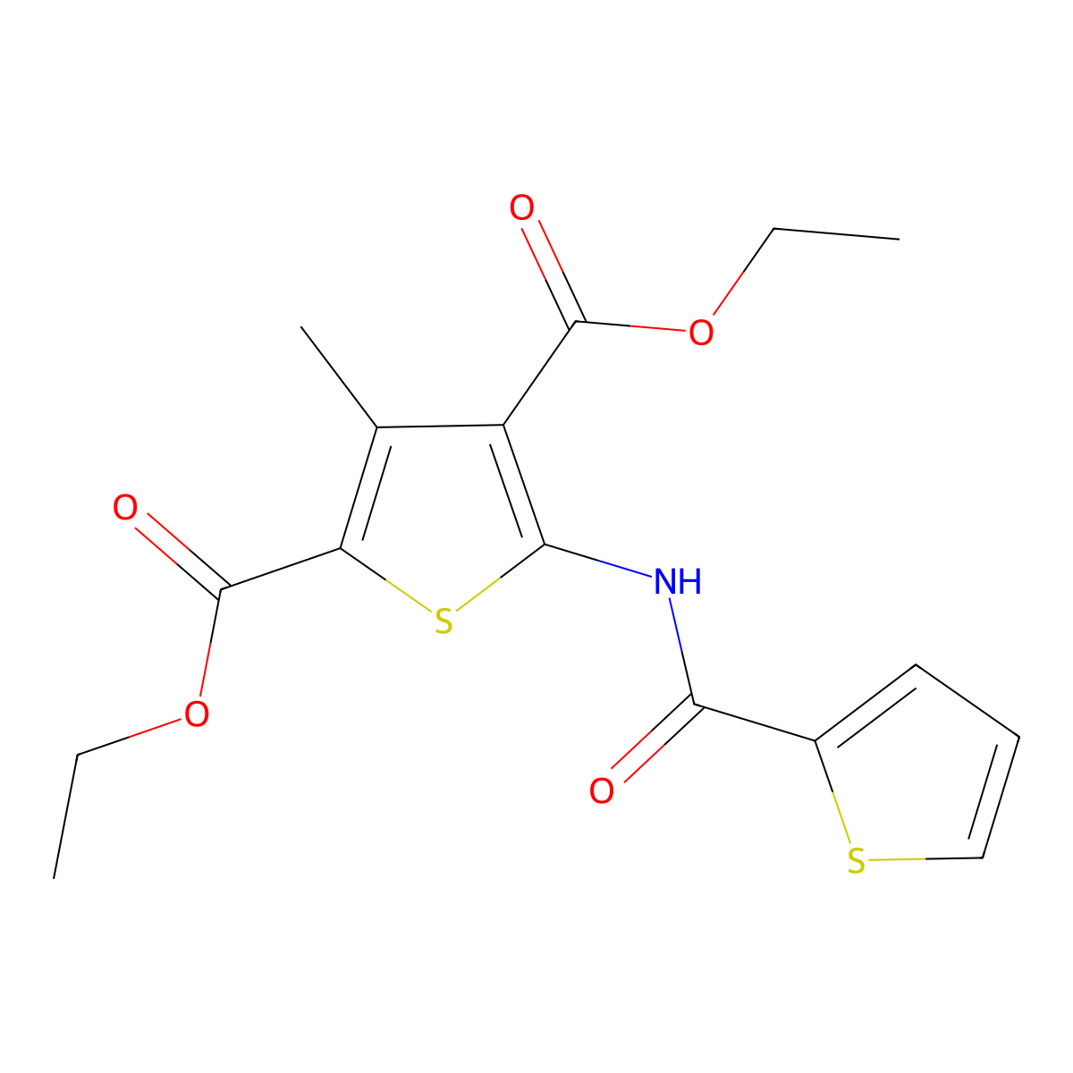 Diethyl 3-methyl-5-[(thien-2-ylcarbonyl)amino]thiophene-2,4-dicarboxylate molecular structure, CAS 307524-40-9