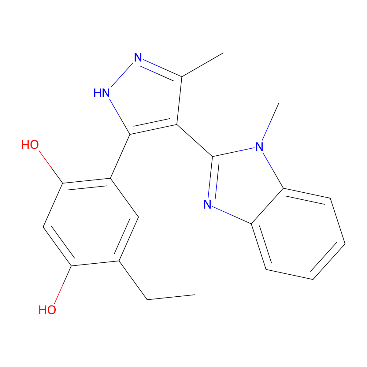 4-ethyl-6-[3-methyl-4-(1-methyl-1H-benzimidazol-2-yl)-1H-pyrazol-5-yl]benzene-1,3-diol molecular structure, CAS 307526-36-9