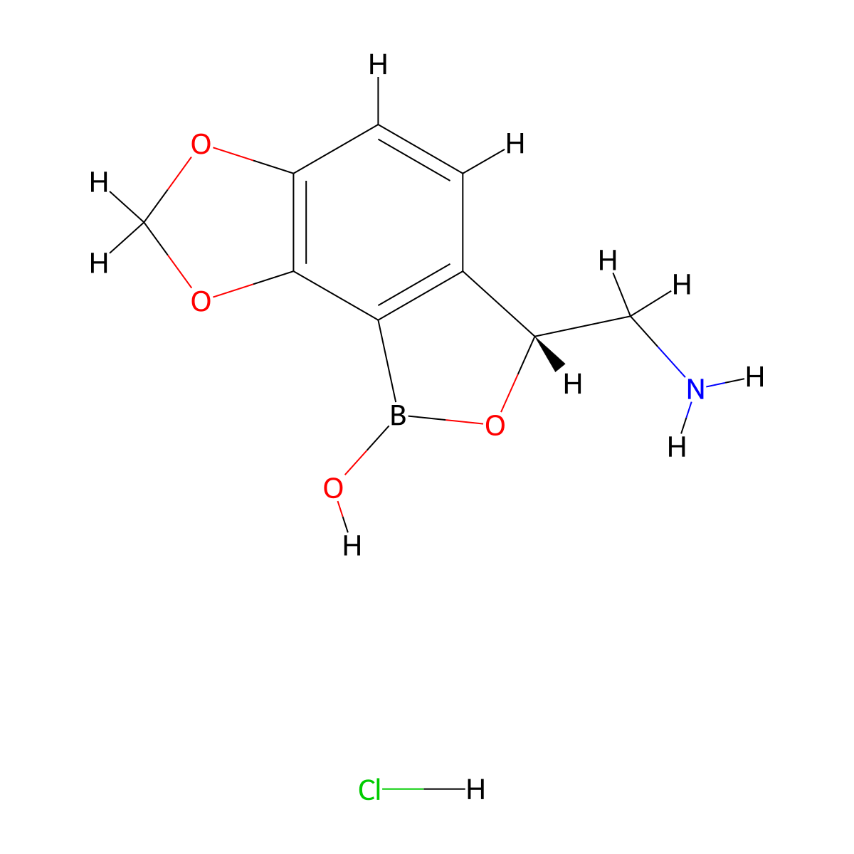 [(3R)-1-hydroxy-3H-[1,3]dioxolo[4,5-g][2,1]benzoxaborol-3-yl]methanamine;hydrochloride molecular structure, CAS 3075275-82-7