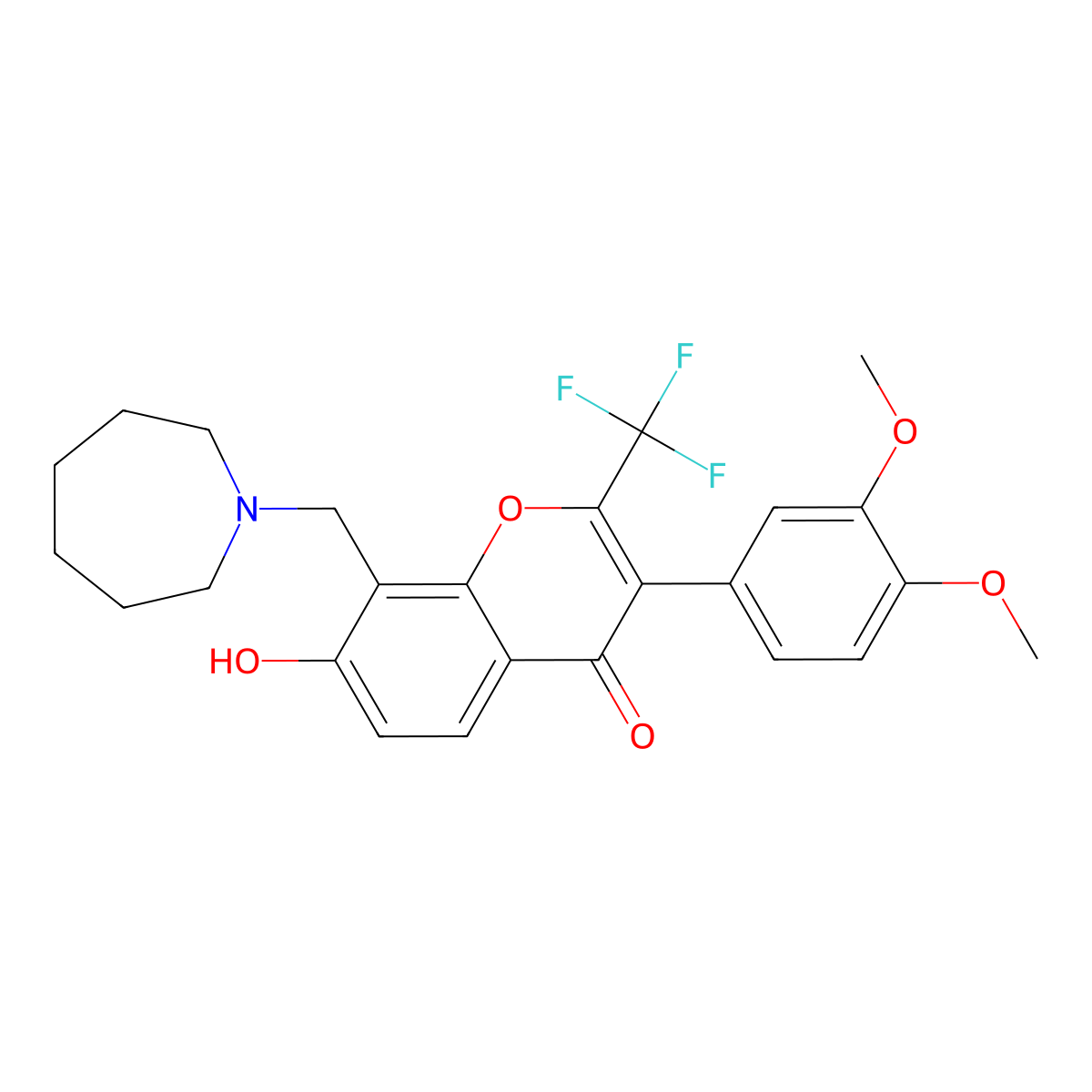 8-(1-azepanylmethyl)-3-(3,4-dimethoxyphenyl)-7-hydroxy-2-(trifluoromethyl)-4H-chromen-4-one molecular structure, CAS 307535-03-1