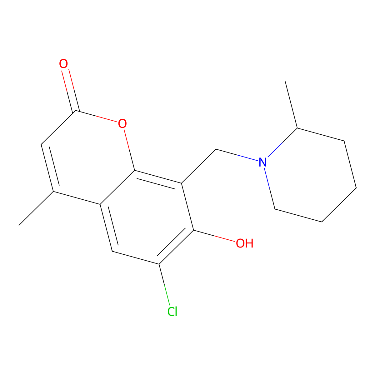 6-Chloro-7-hydroxy-4-methyl-8-[(2-methylpiperidyl)methyl]chromen-2-one molecular structure, CAS 307535-51-9