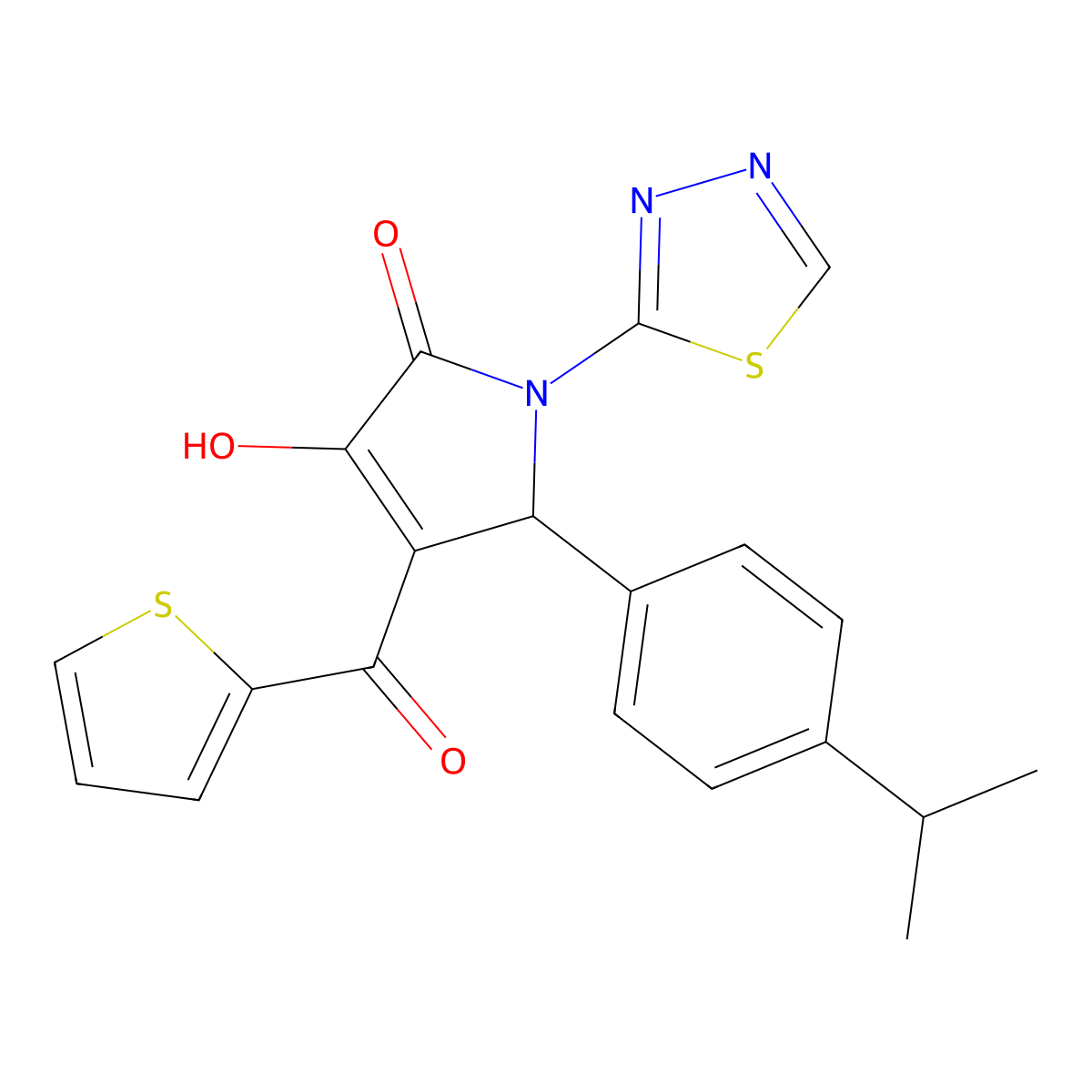 3-hydroxy-5-[4-(propan-2-yl)phenyl]-1-(1,3,4-thiadiazol-2-yl)-4-(thiophen-2-ylcarbonyl)-1,5-dihydro-2H-pyrrol-2-one molecular structure, CAS 307541-57-7