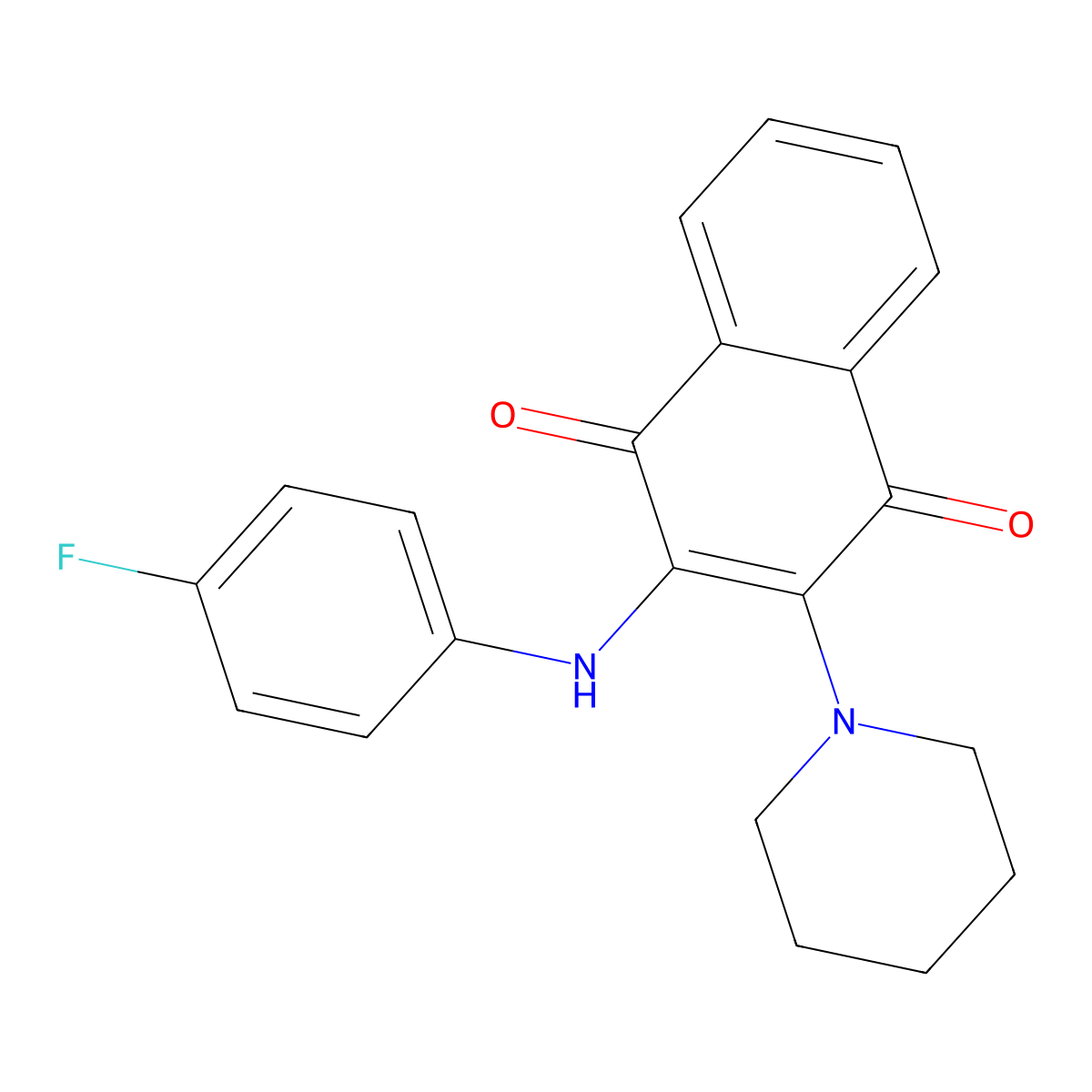 2-((4-Fluorophenyl)amino)-3-(piperidin-1-yl)naphthalene-1,4-dione molecular structure, CAS 307542-03-6