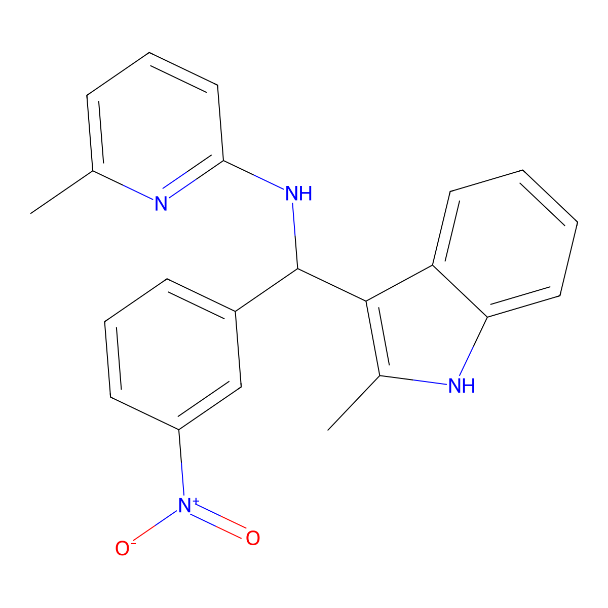 6-methyl-N-((2-methyl-1H-indol-3-yl)(3-nitrophenyl)methyl)pyridin-2-amine molecular structure, CAS 307543-57-3