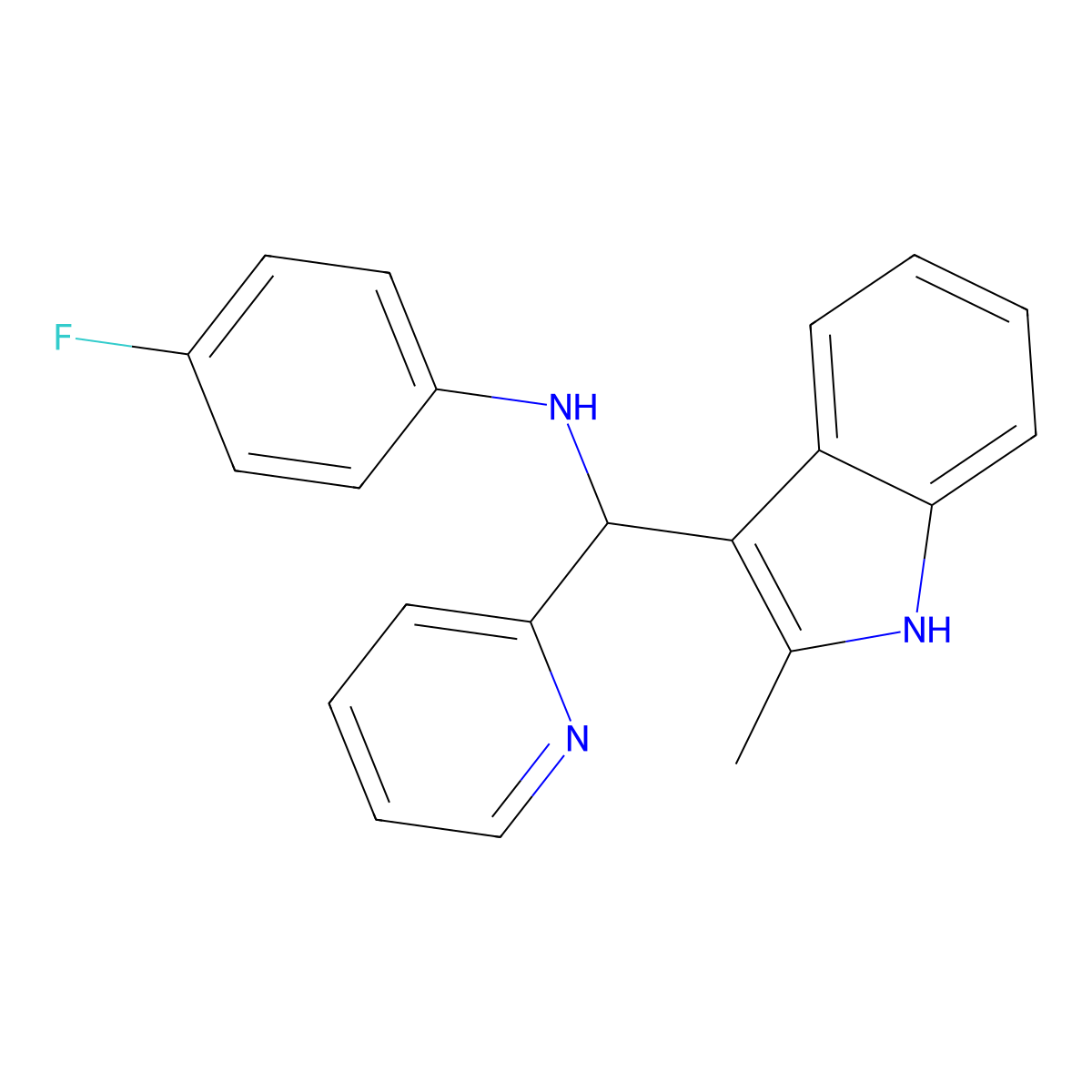 4-fluoro-N-((2-methyl-1H-indol-3-yl)(pyridin-2-yl)methyl)aniline molecular structure, CAS 307543-58-4