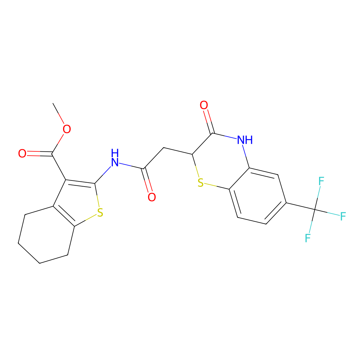 methyl 2-{2-[3-oxo-6-(trifluoromethyl)-3,4-dihydro-2H-1,4-benzothiazin-2-yl]acetamido}-4,5,6,7-tetrahydro-1-benzothiophene-3-carboxylate molecular structure, CAS 307543-70-0